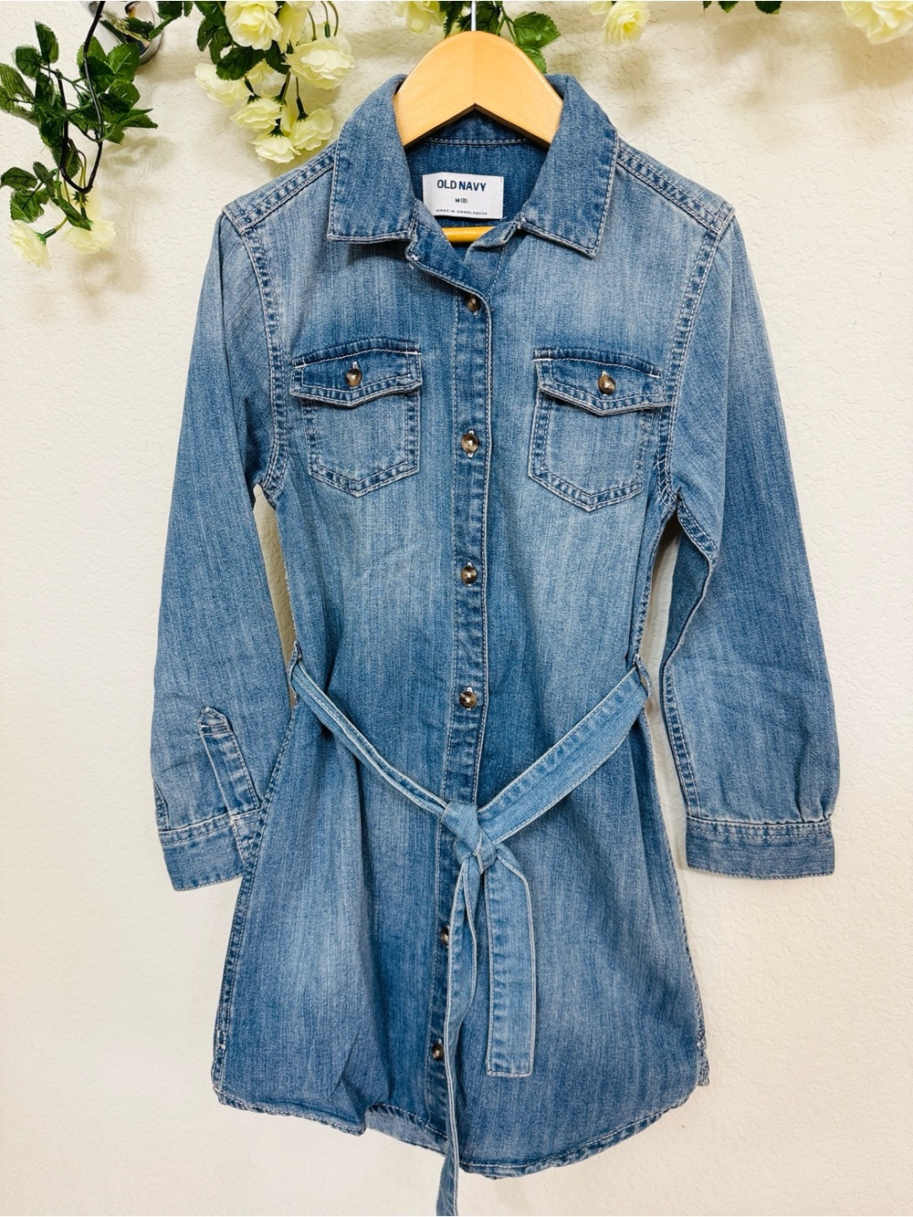Old Navy • Denim Shirt Dress Belted Button Front Blue Utility Girls Size 8